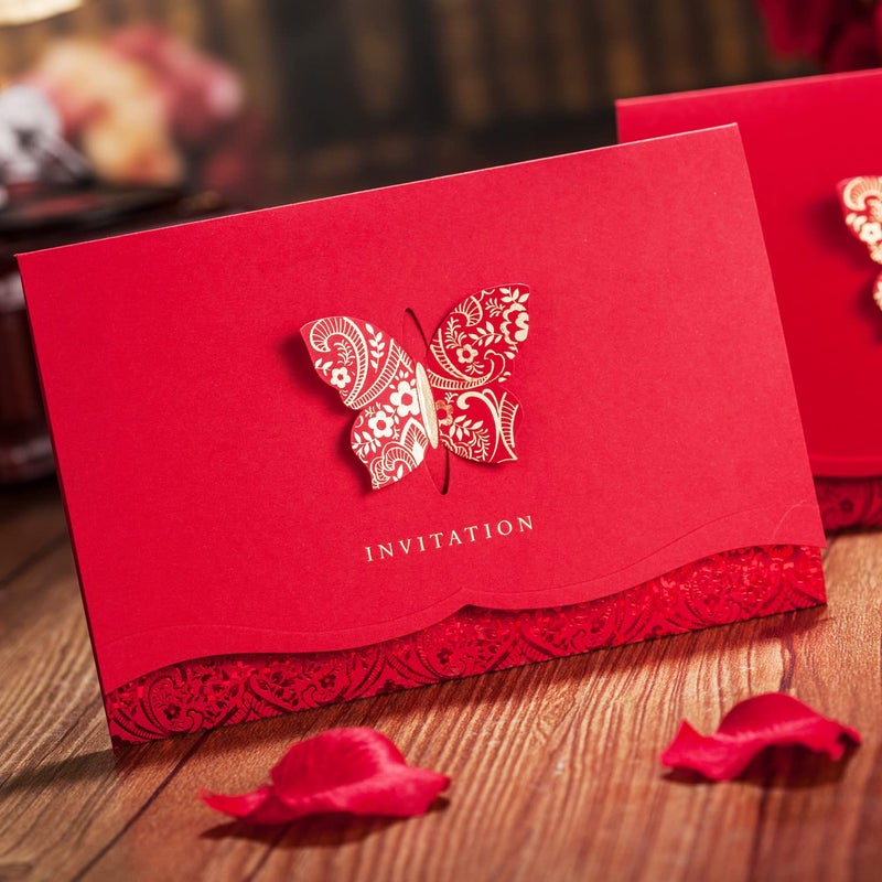Hosmsua 50pcs Red Laser Cut Lace Flora Invitations Cards with Gold Butterfly and Envelopes for Bridal Shower Wedding QuinceaÃ±era Invitation - Image 2
